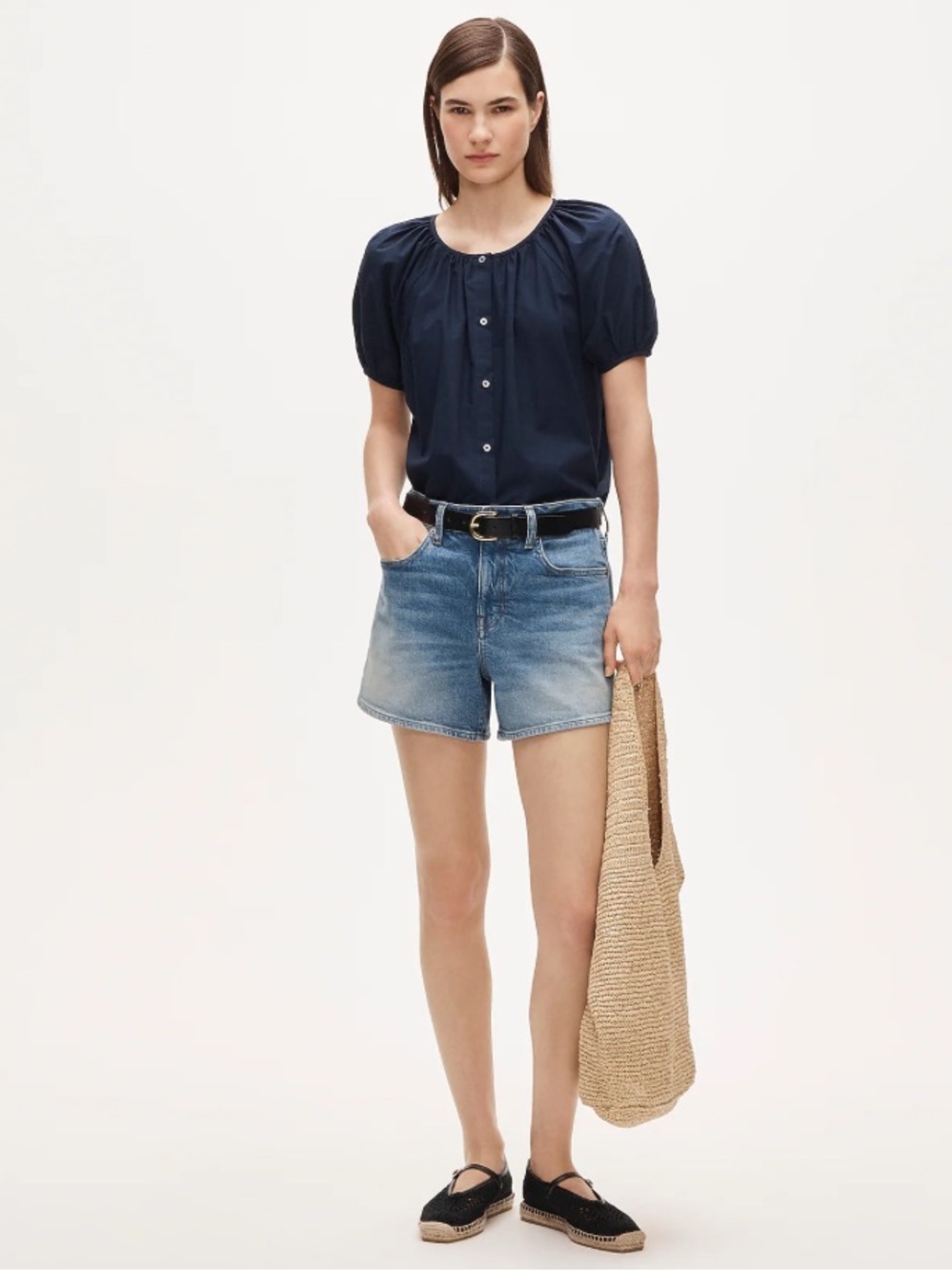 J. Crew Puff-sleeve button-up top in cotton poplin - Navy